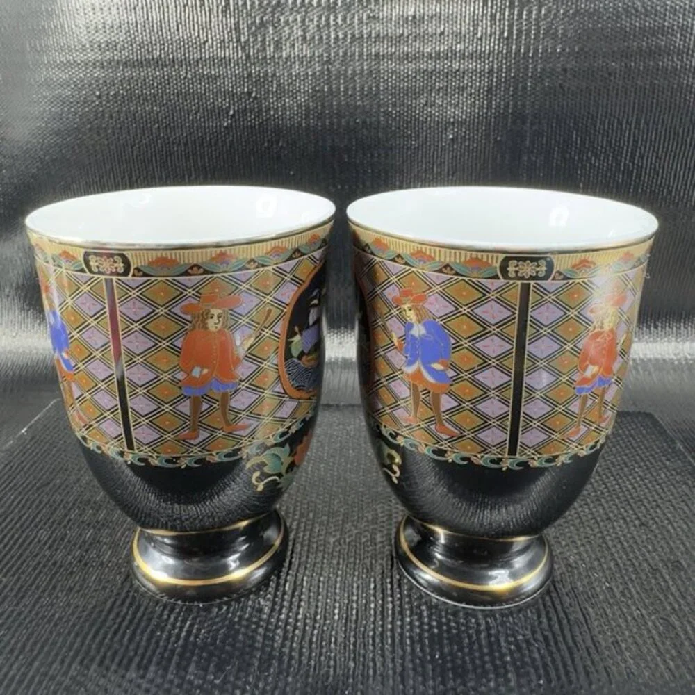 Japanese Oriental Ceramic Goblet Drinking Cups Tumblers Ships Pattern Set 2 Cups